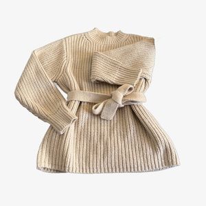 Zara beige knit turtleneck sweater with waist tie.